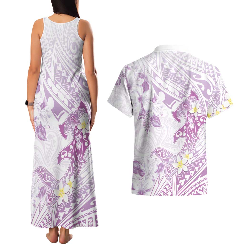 Polynesia Hammerhead Shark Couples Matching Tank Maxi Dress and Hawaiian Shirt Tropical Flowers Tribal Pattern Lavender LT05 - Polynesian Pride