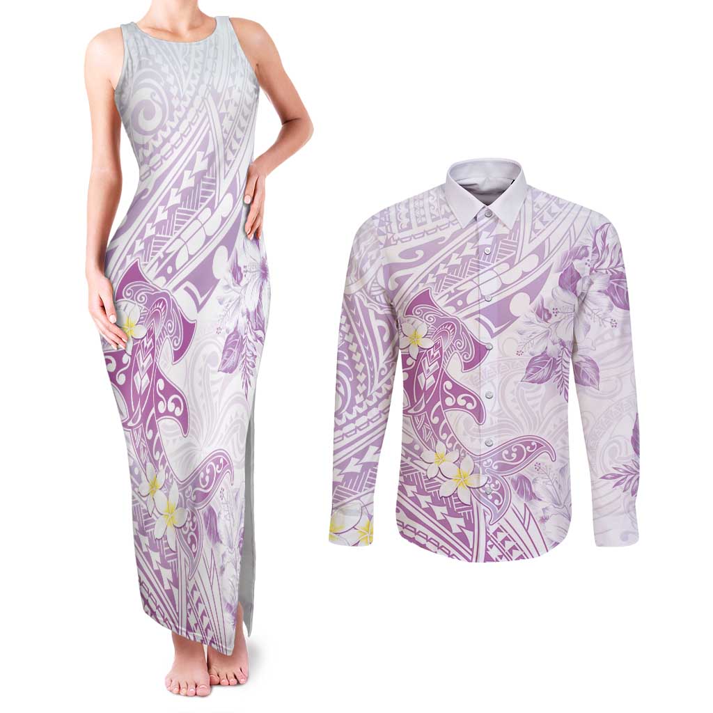 Polynesia Hammerhead Shark Couples Matching Tank Maxi Dress and Long Sleeve Button Shirt Tropical Flowers Tribal Pattern Lavender LT05 Purple - Polynesian Pride