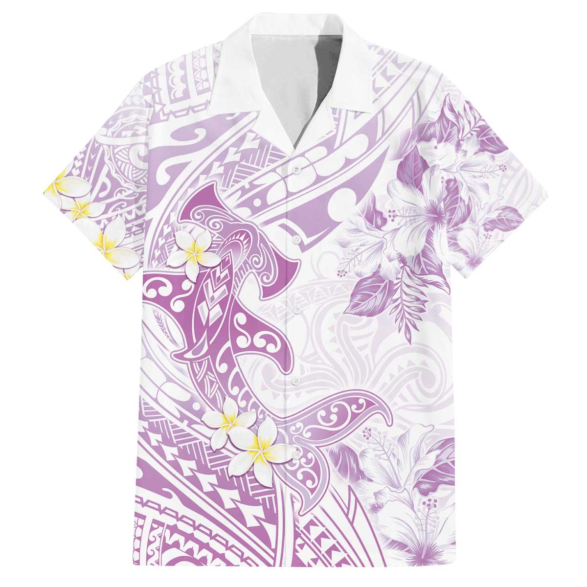 Polynesia Hammerhead Shark Family Matching Off The Shoulder Long Sleeve Dress and Hawaiian Shirt Tropical Flowers Tribal Pattern Lavender