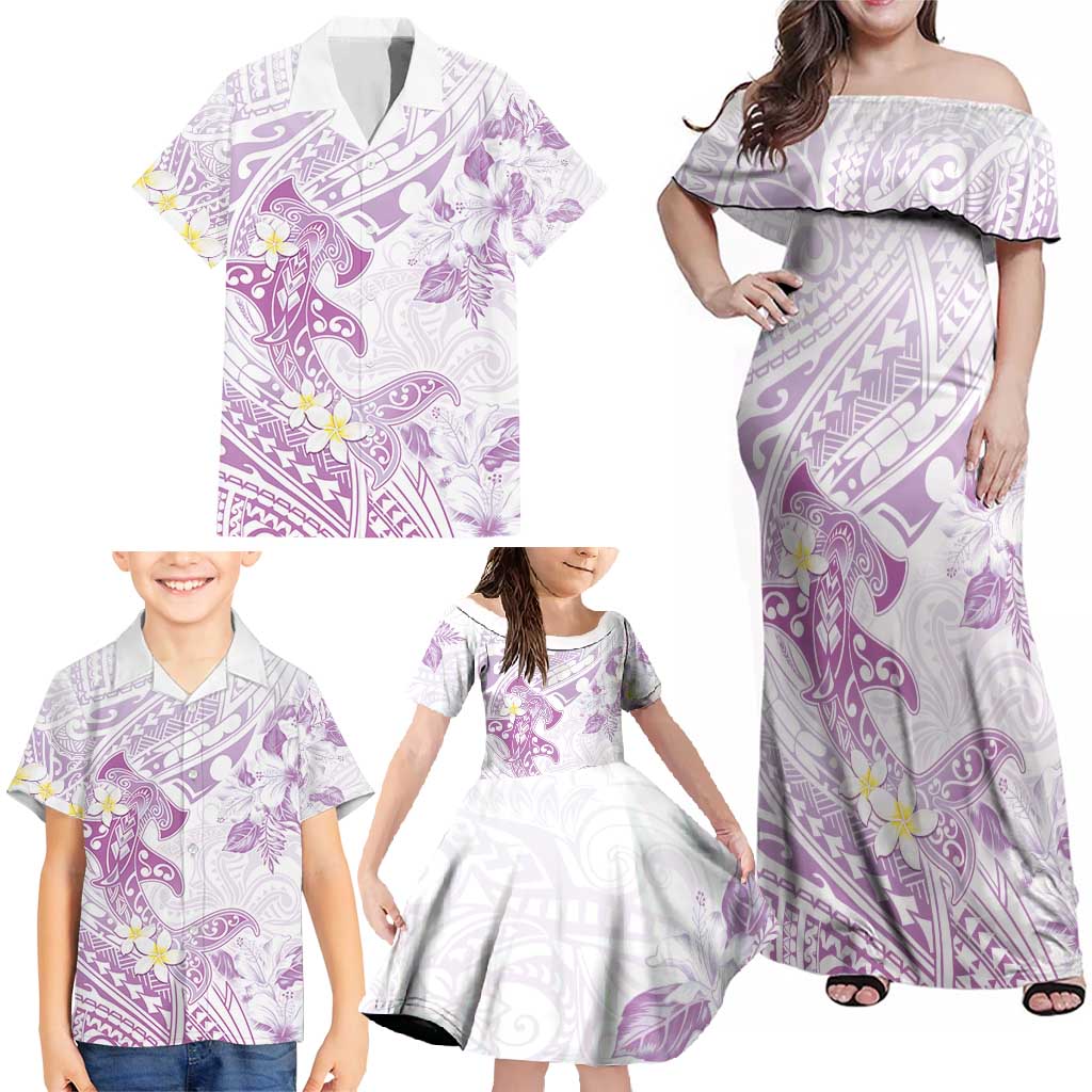 Polynesia Hammerhead Shark Family Matching Off Shoulder Maxi Dress and Hawaiian Shirt Tropical Flowers Tribal Pattern Lavender