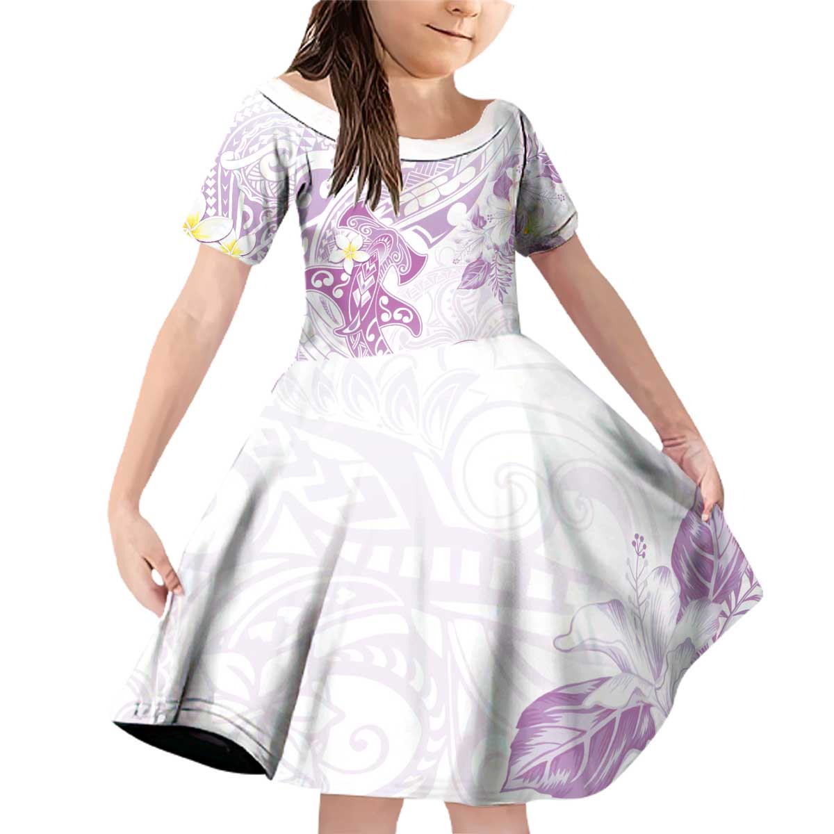 Polynesia Hammerhead Shark Family Matching Off Shoulder Short Dress and Hawaiian Shirt Tropical Flowers Tribal Pattern Lavender LT05 Daughter's Dress Purple - Polynesian Pride