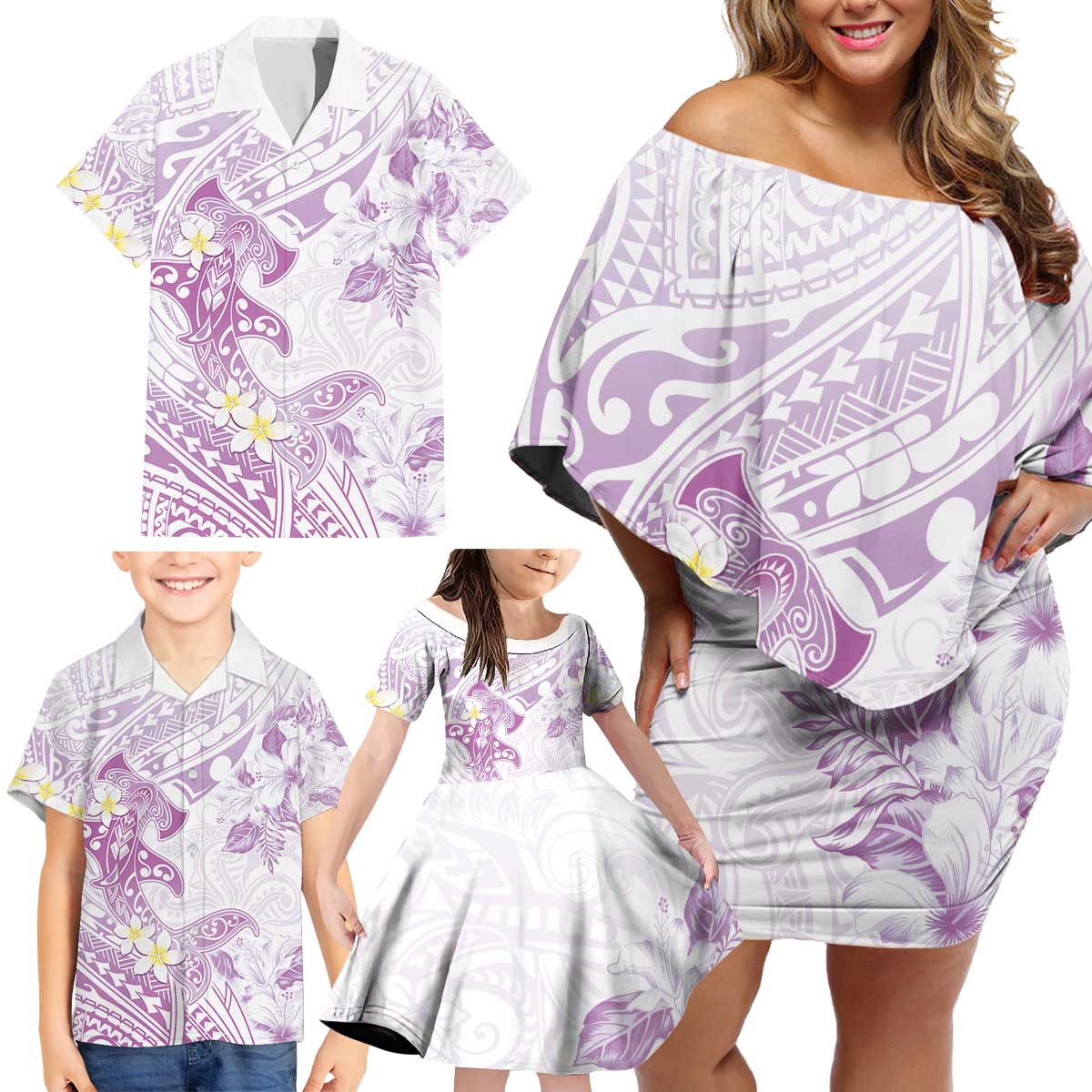 Polynesia Hammerhead Shark Family Matching Off Shoulder Short Dress and Hawaiian Shirt Tropical Flowers Tribal Pattern Lavender