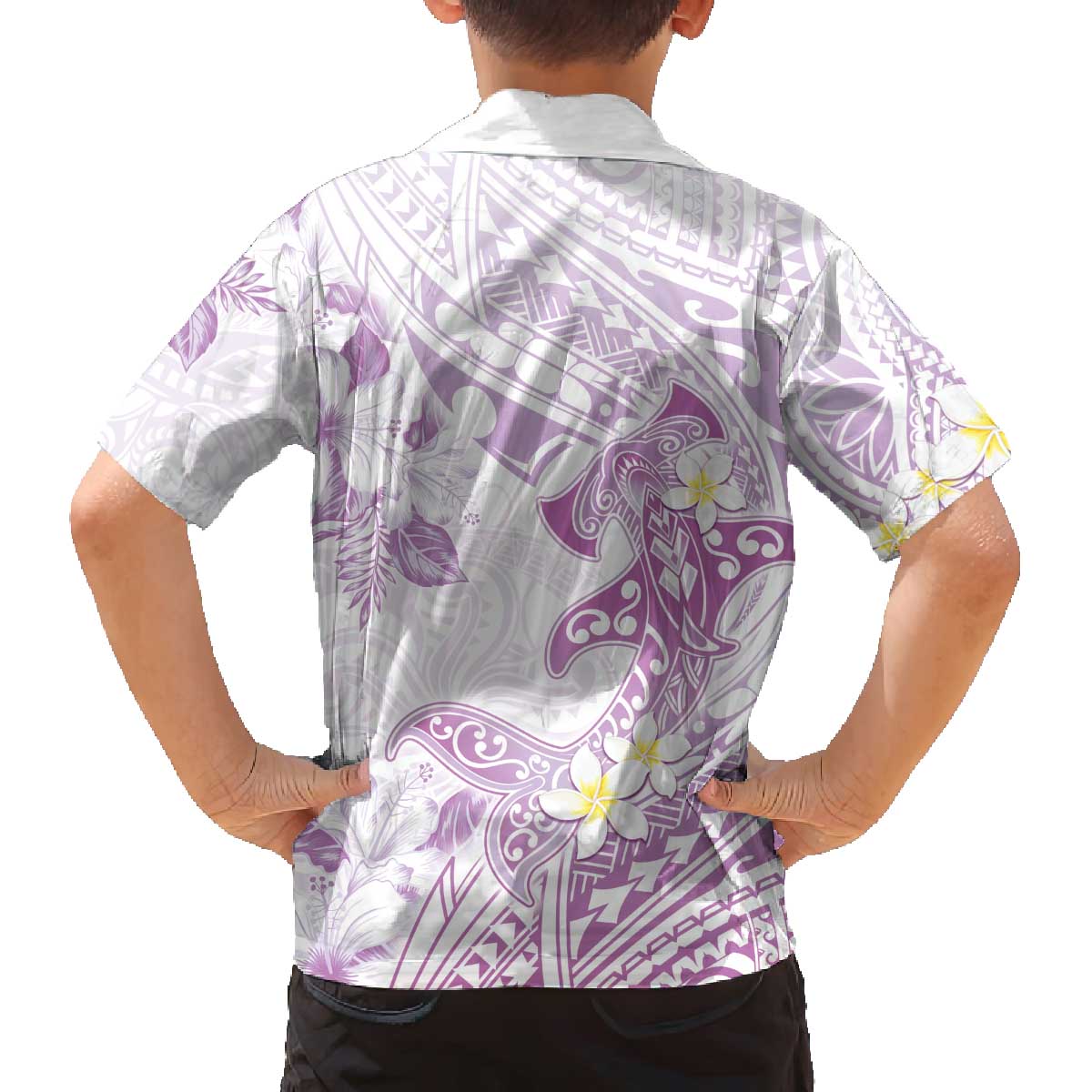 Polynesia Hammerhead Shark Family Matching Puletasi and Hawaiian Shirt Tropical Flowers Tribal Pattern Lavender LT05 - Polynesian Pride