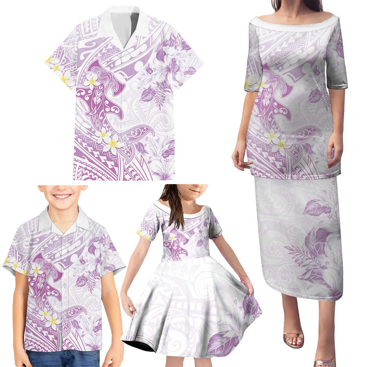 Polynesia Hammerhead Shark Family Matching Puletasi and Hawaiian Shirt Tropical Flowers Tribal Pattern Lavender LT05 - Polynesian Pride