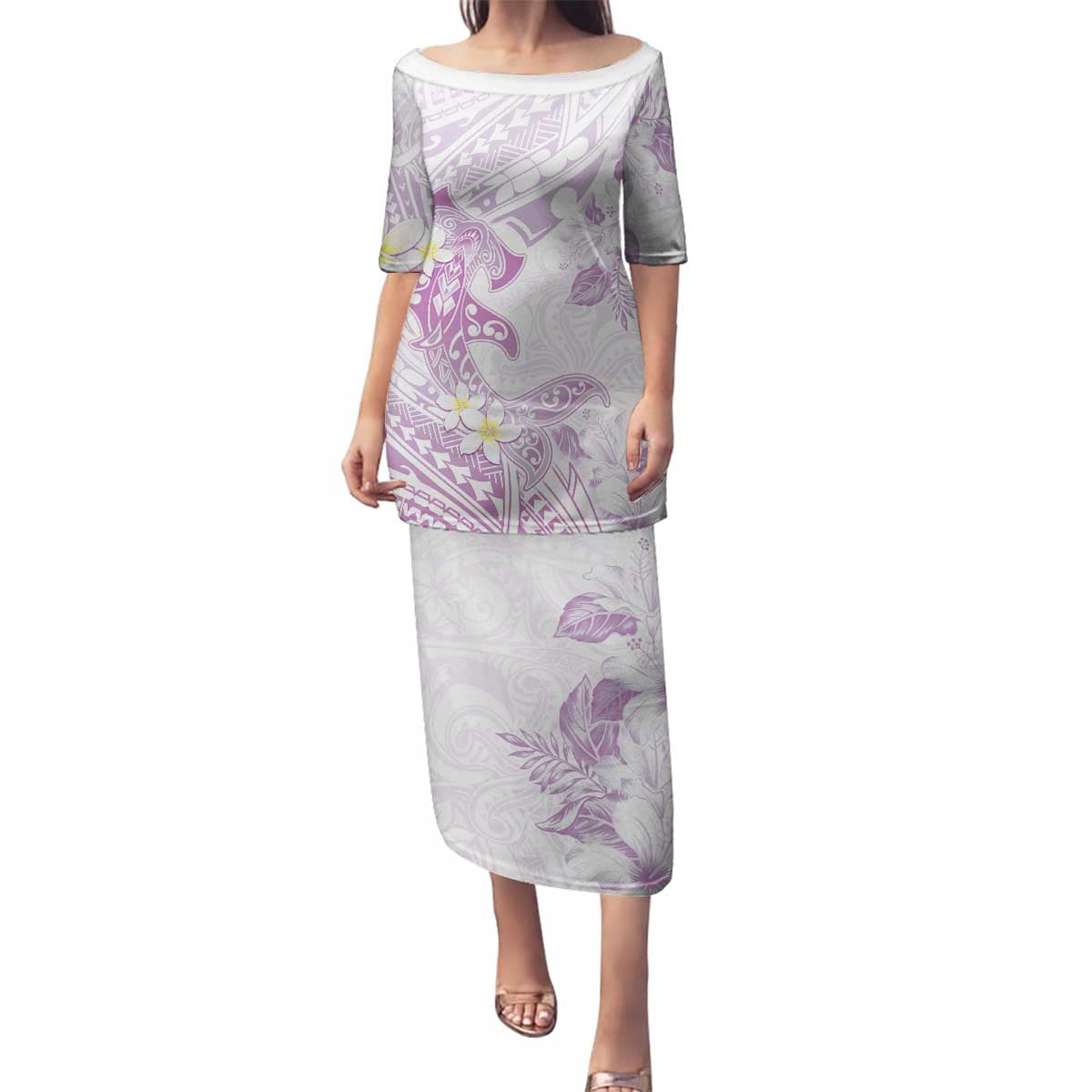 Polynesia Hammerhead Shark Family Matching Puletasi and Hawaiian Shirt Tropical Flowers Tribal Pattern Lavender LT05 Mom's Dress Purple - Polynesian Pride