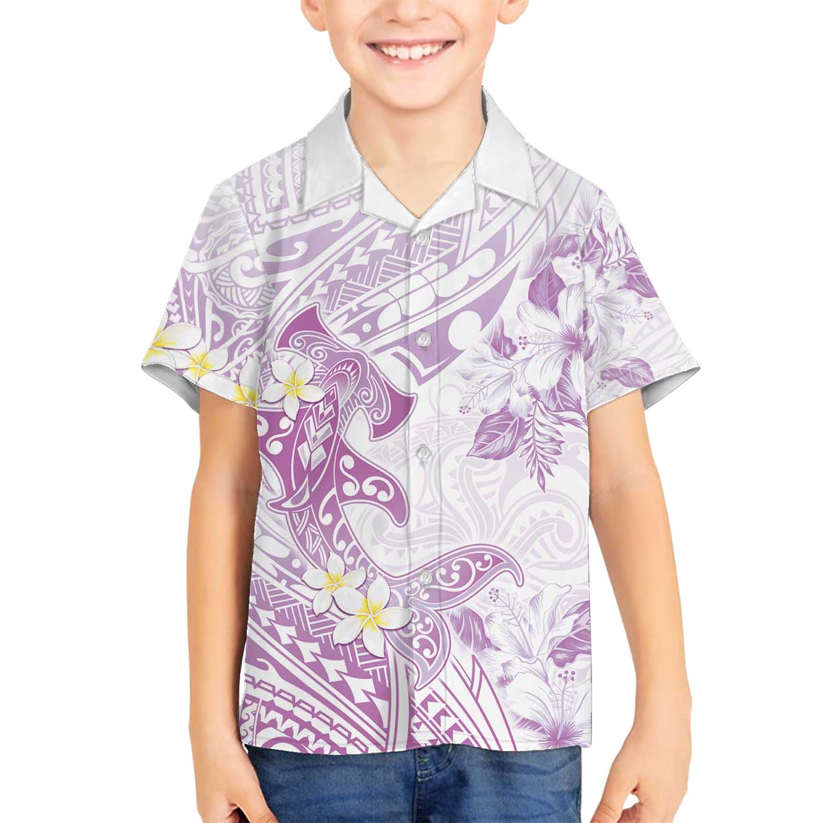 Polynesia Hammerhead Shark Family Matching Puletasi and Hawaiian Shirt Tropical Flowers Tribal Pattern Lavender LT05 Son's Shirt Purple - Polynesian Pride