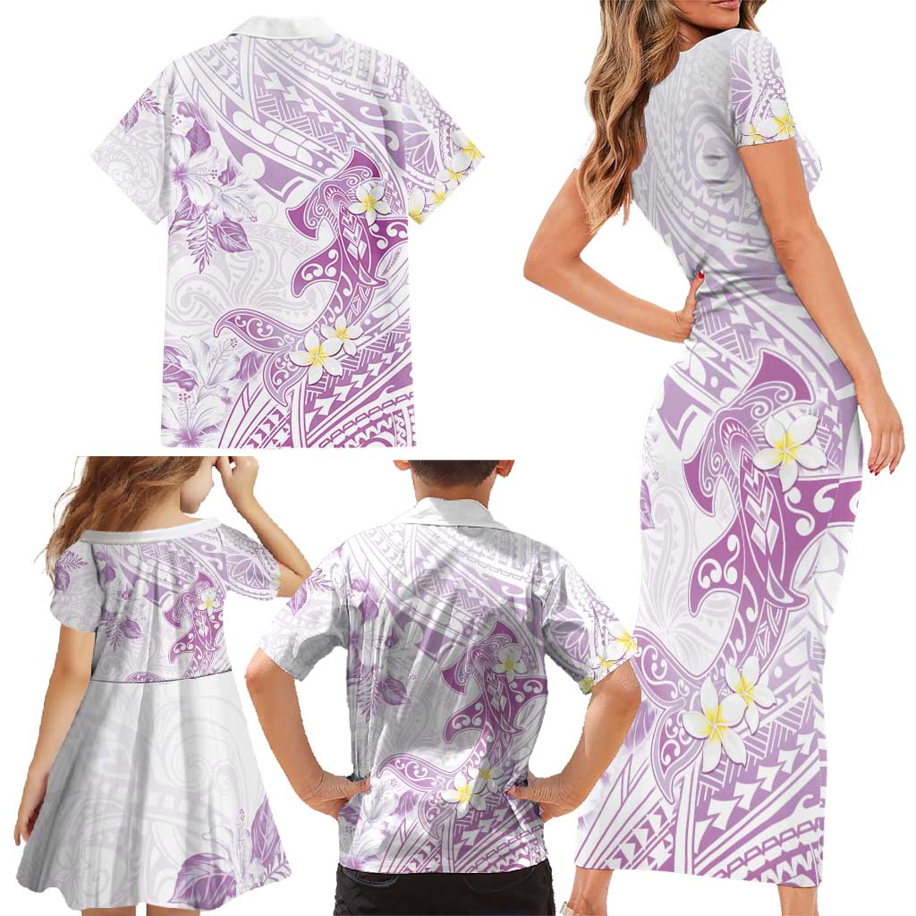 Polynesia Hammerhead Shark Family Matching Short Sleeve Bodycon Dress and Hawaiian Shirt Tropical Flowers Tribal Pattern Lavender LT05 - Polynesian Pride