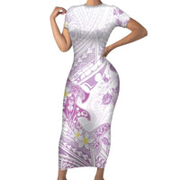 Polynesia Hammerhead Shark Family Matching Short Sleeve Bodycon Dress and Hawaiian Shirt Tropical Flowers Tribal Pattern Lavender LT05 Mom's Dress Purple - Polynesian Pride