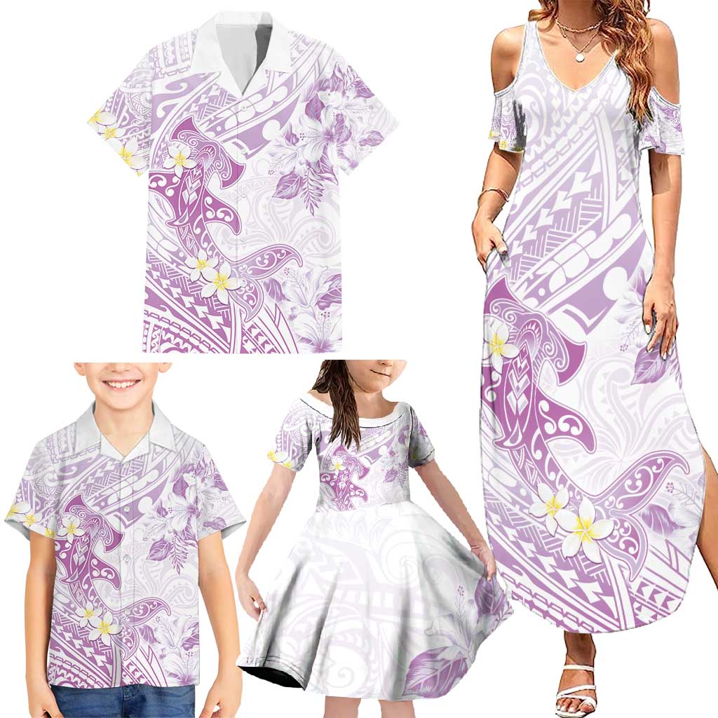 Polynesia Hammerhead Shark Family Matching Summer Maxi Dress and Hawaiian Shirt Tropical Flowers Tribal Pattern Lavender