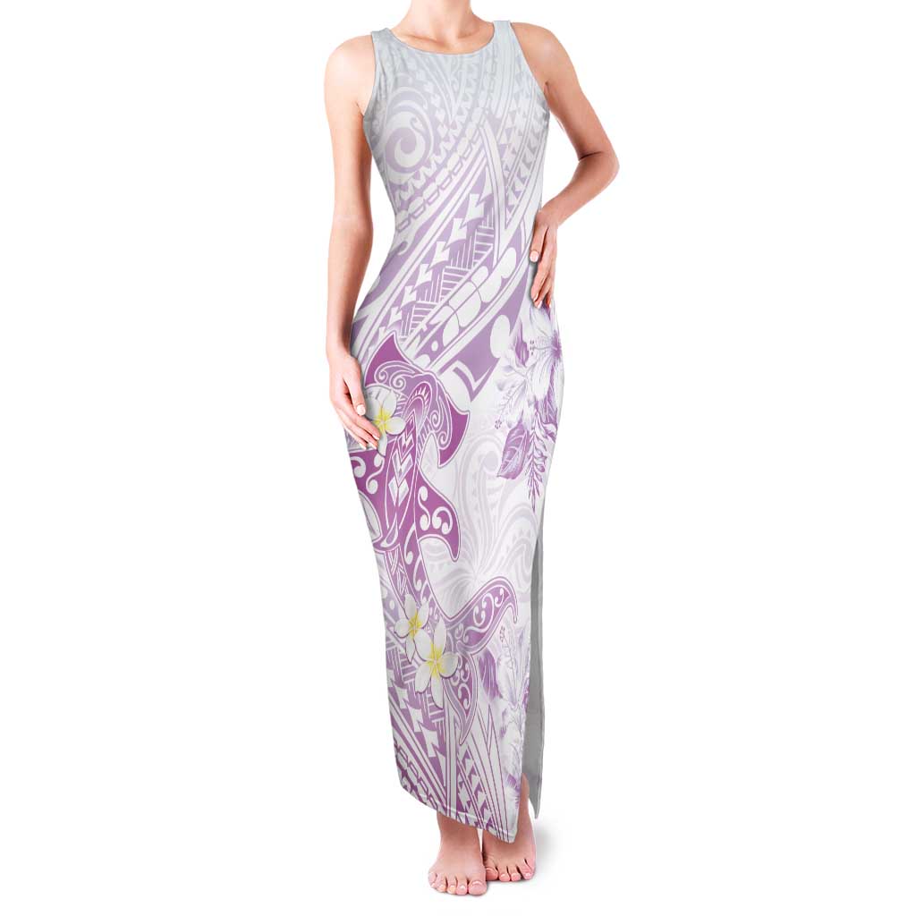 Polynesia Hammerhead Shark Family Matching Tank Maxi Dress and Hawaiian Shirt Tropical Flowers Tribal Pattern Lavender LT05 Mom's Dress Purple - Polynesian Pride
