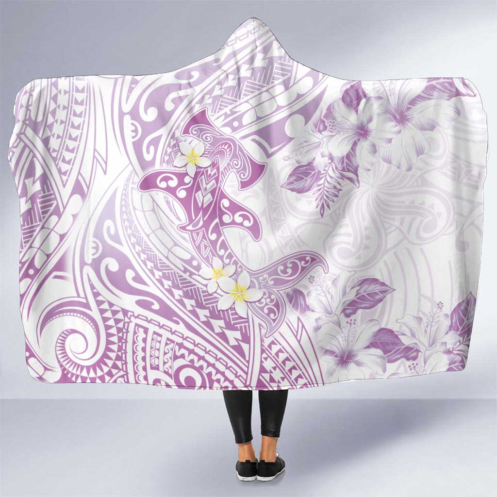 Polynesia Hammerhead Shark Hooded Blanket Tropical Flowers Tribal Pattern Lavender