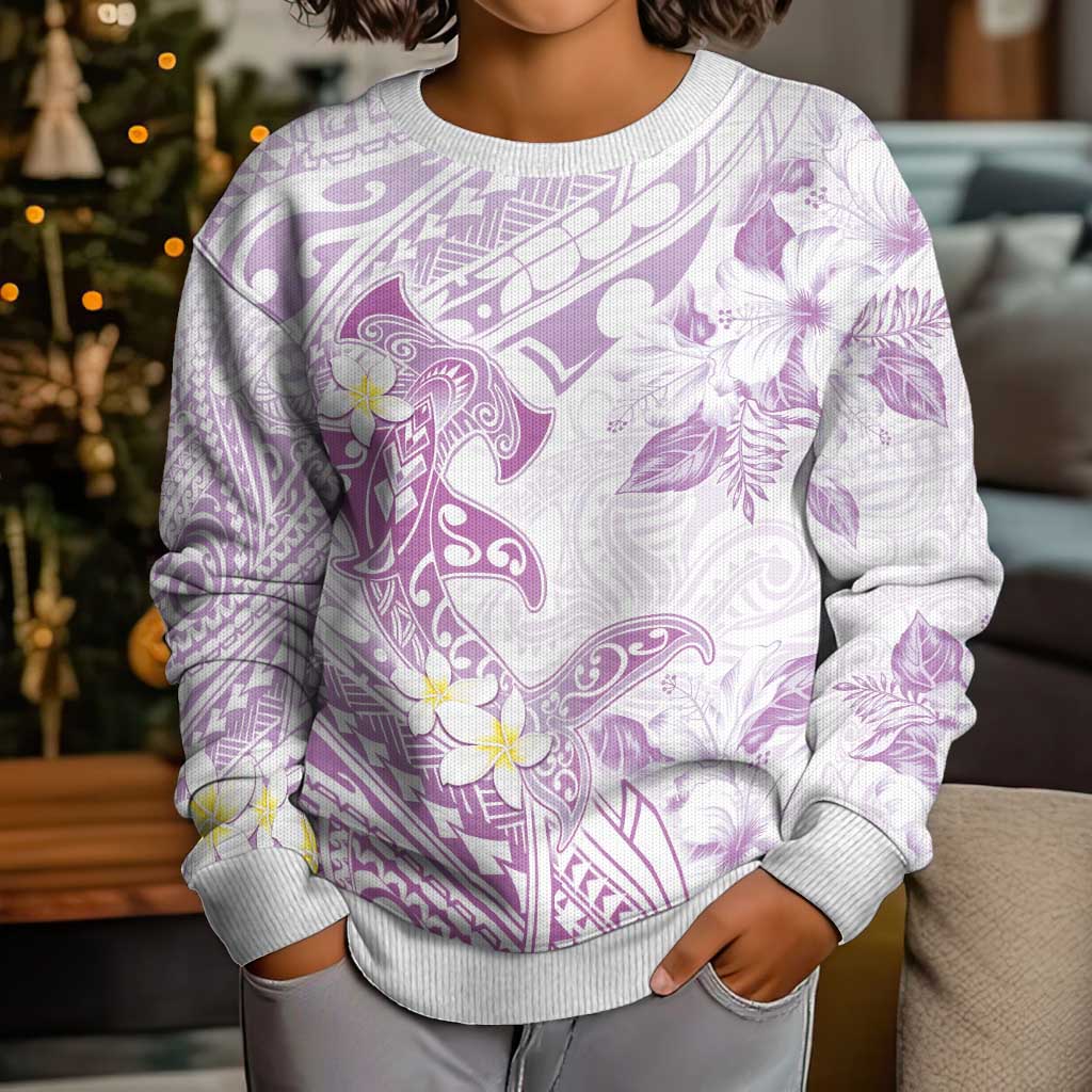 Polynesia Hammerhead Shark Kid Ugly Christmas Sweater Tropical Flowers Tribal Pattern Lavender