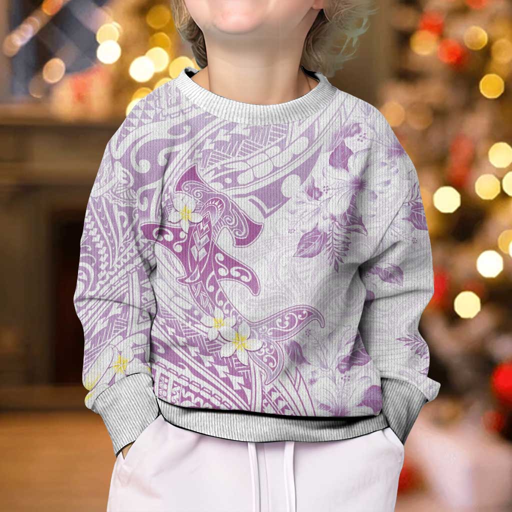 Polynesia Hammerhead Shark Kid Ugly Christmas Sweater Tropical Flowers Tribal Pattern Lavender