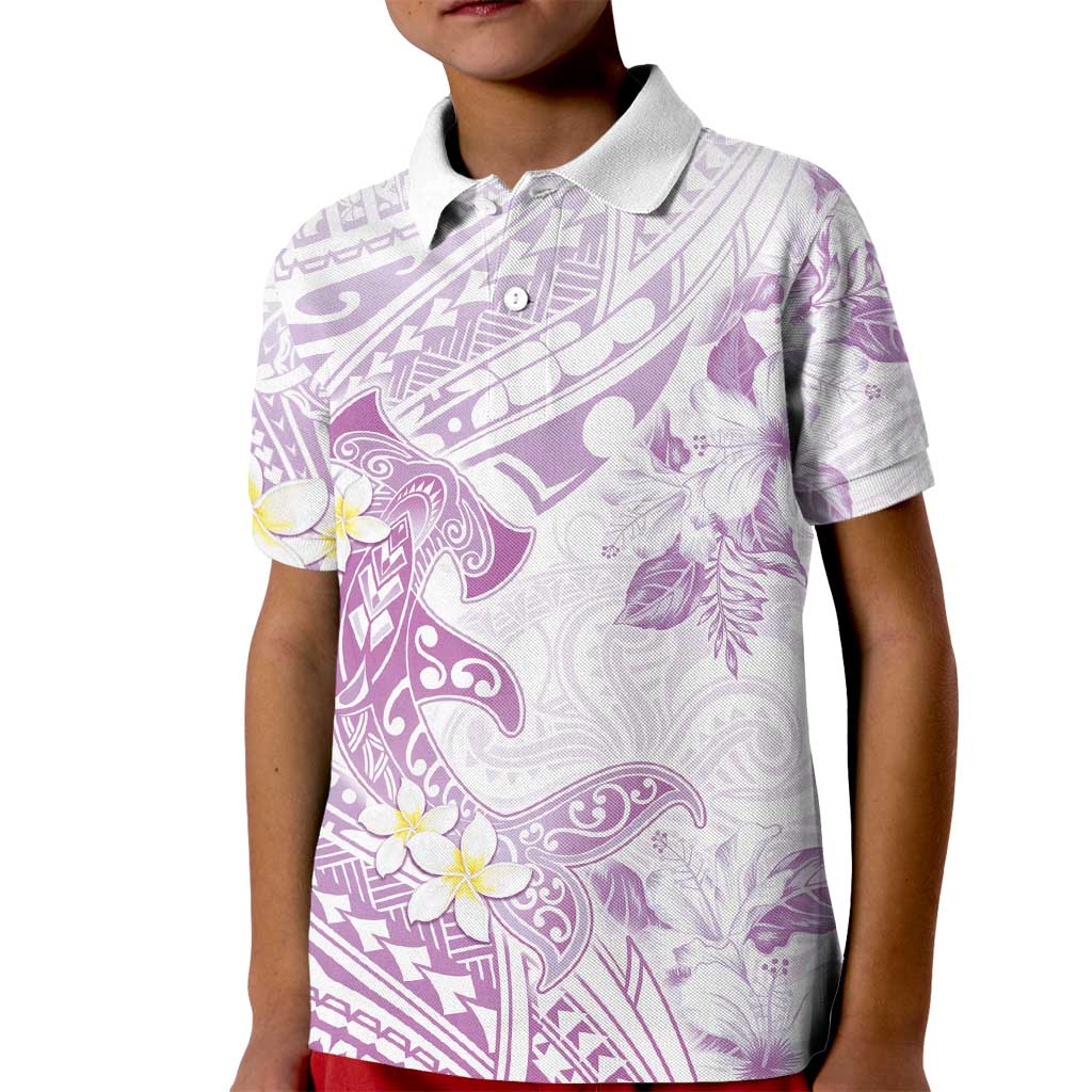 Polynesia Hammerhead Shark Kid Polo Shirt Tropical Flowers Tribal Pattern Lavender