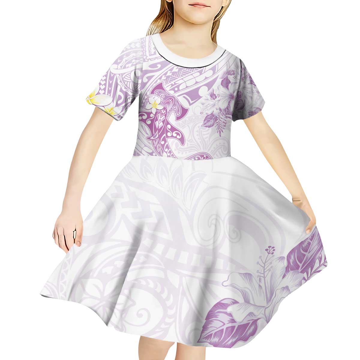 Polynesia Hammerhead Shark Kid Short Sleeve Dress Tropical Flowers Tribal Pattern Lavender
