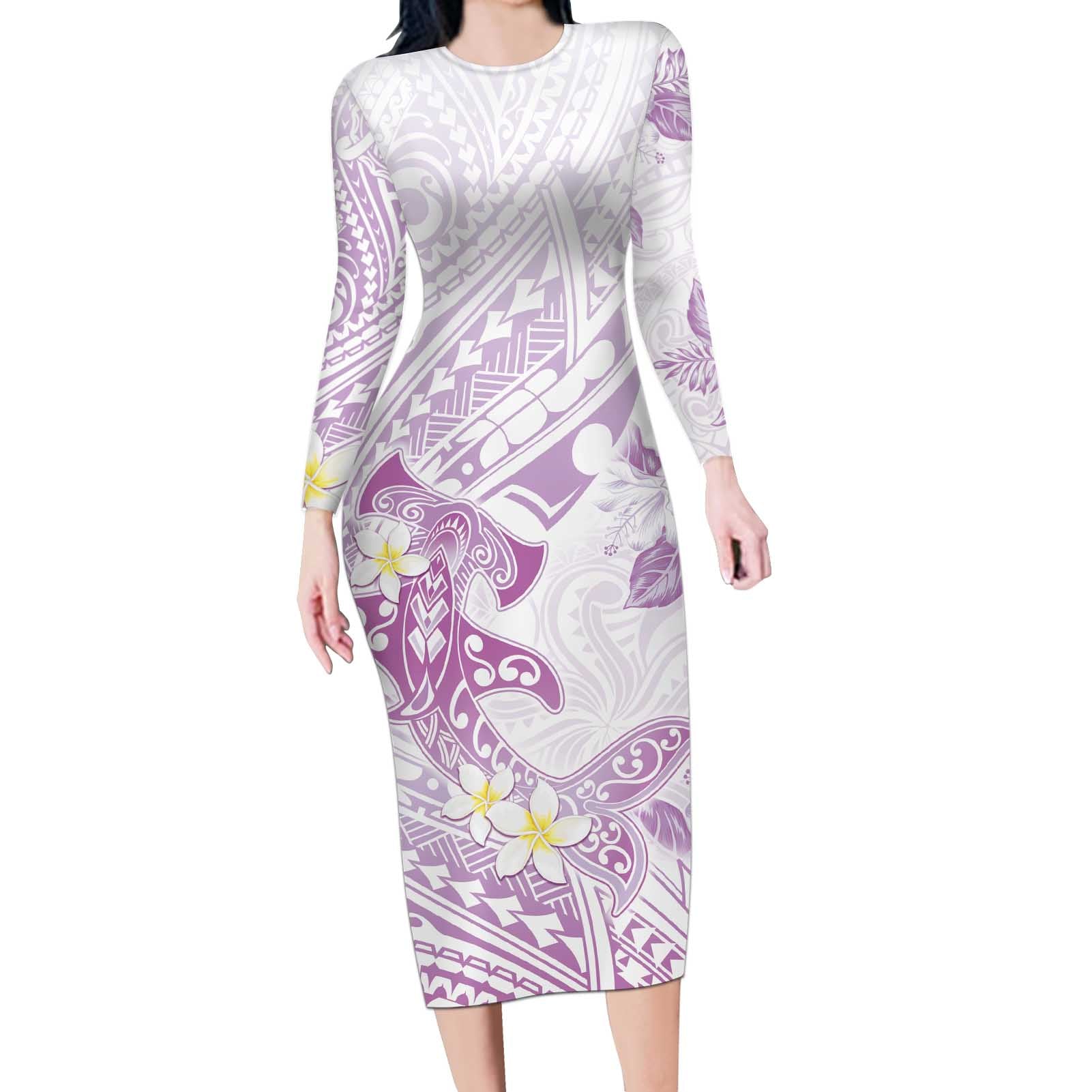 Polynesia Hammerhead Shark Long Sleeve Bodycon Dress Tropical Flowers Tribal Pattern Lavender