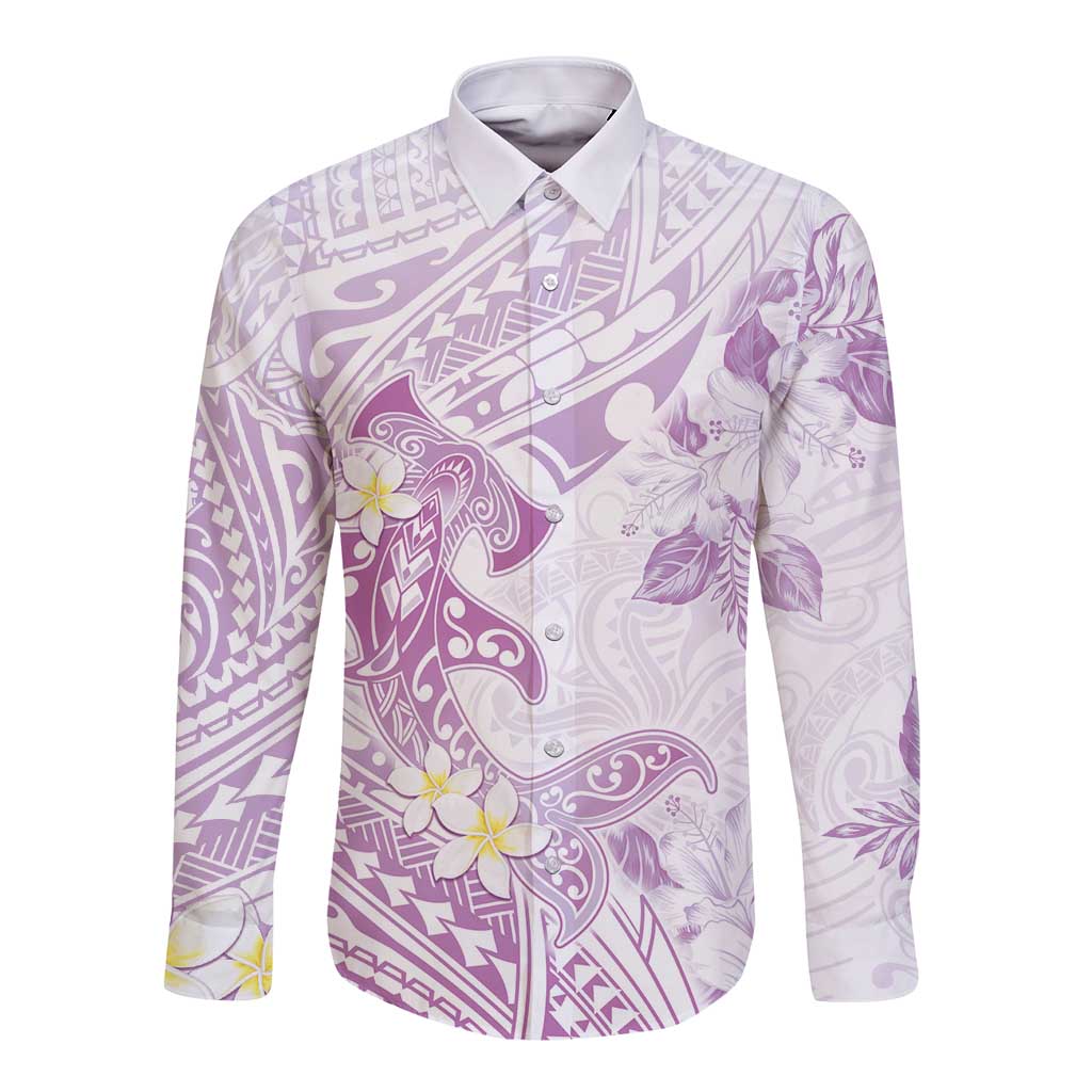 Polynesia Hammerhead Shark Long Sleeve Button Shirt Tropical Flowers Tribal Pattern Lavender