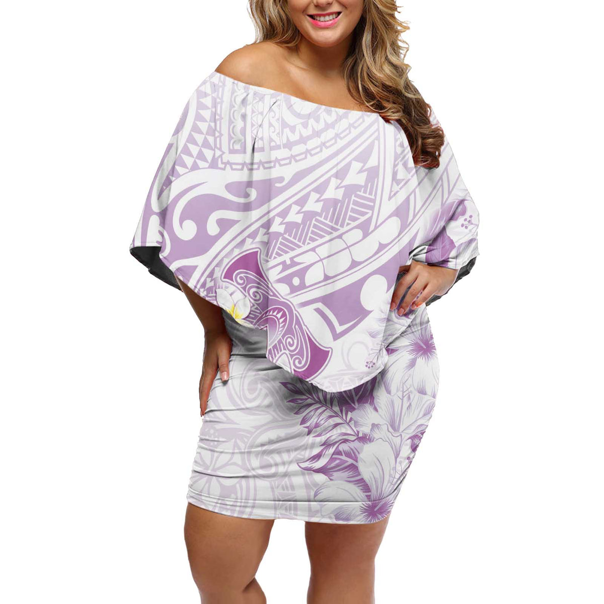 Polynesia Hammerhead Shark Off Shoulder Short Dress Tropical Flowers Tribal Pattern Lavender LT05 Women Purple - Polynesian Pride