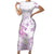 Polynesia Hammerhead Shark Short Sleeve Bodycon Dress Tropical Flowers Tribal Pattern Lavender