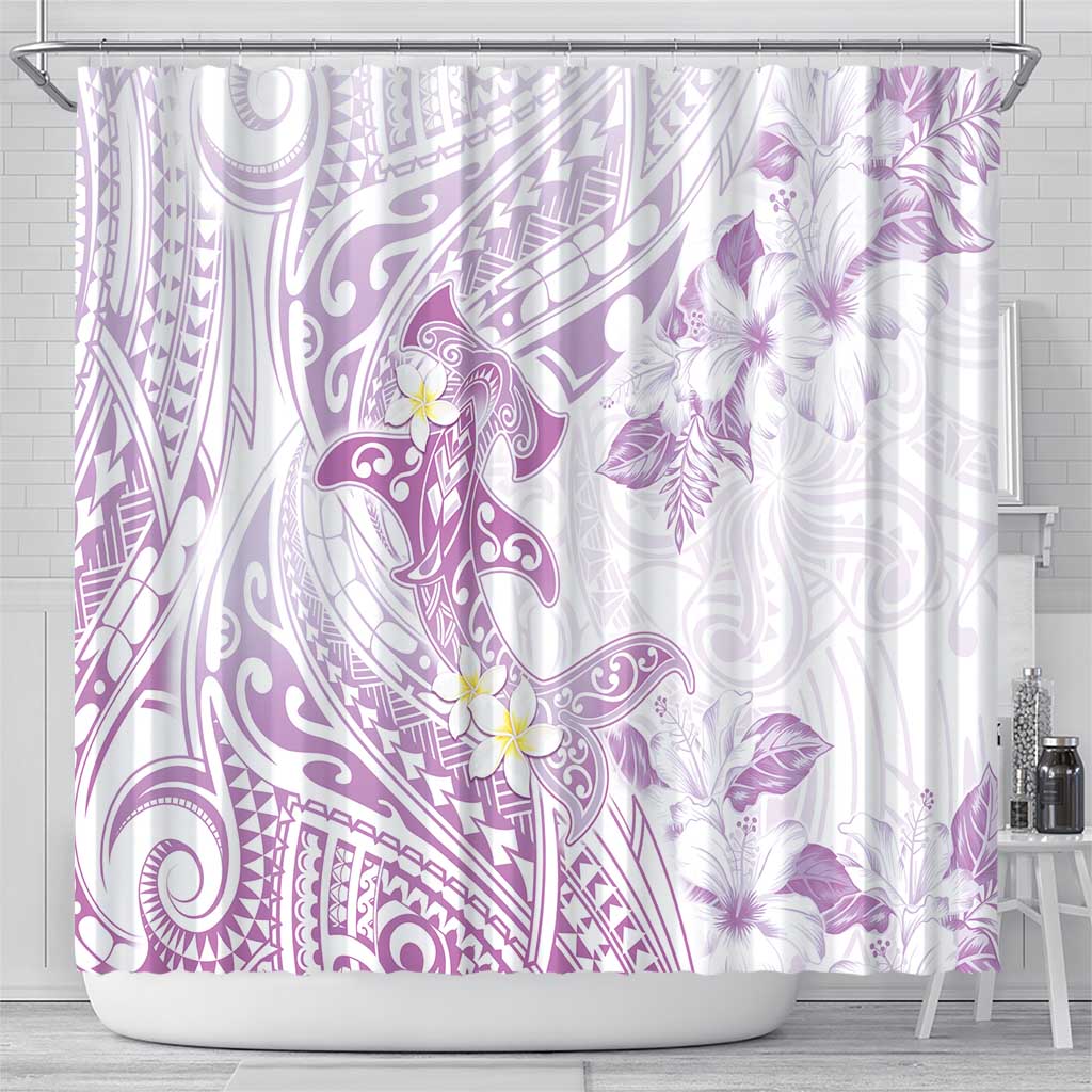 Polynesia Hammerhead Shark Shower Curtain Tropical Flowers Tribal Pattern Lavender