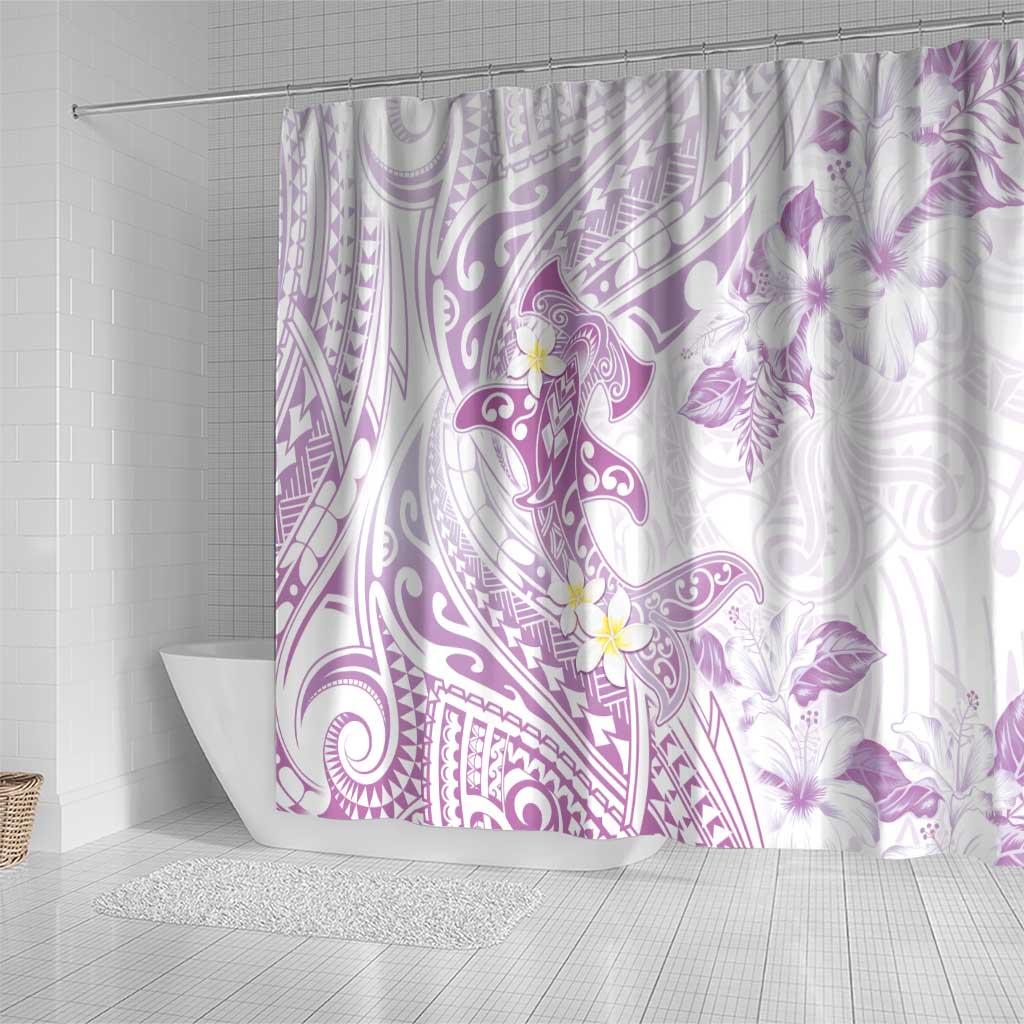 Polynesia Hammerhead Shark Shower Curtain Tropical Flowers Tribal Pattern Lavender