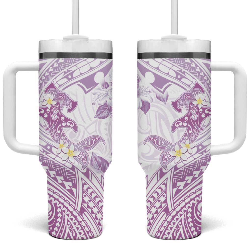 Polynesia Hammerhead Shark Tumbler With Handle Tropical Flowers Tribal Pattern Lavender