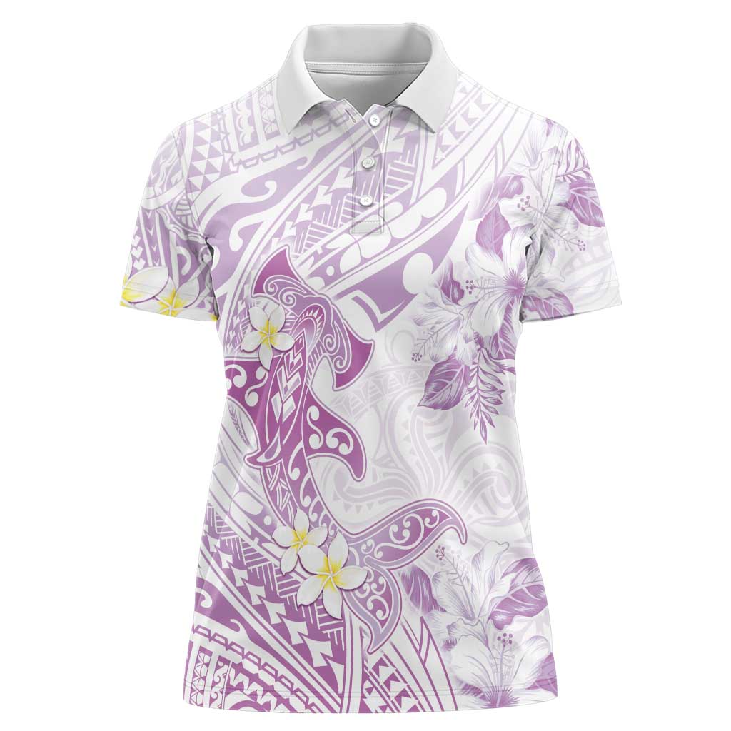 Polynesia Hammerhead Shark Women Polo Shirt Tropical Flowers Tribal Pattern Lavender