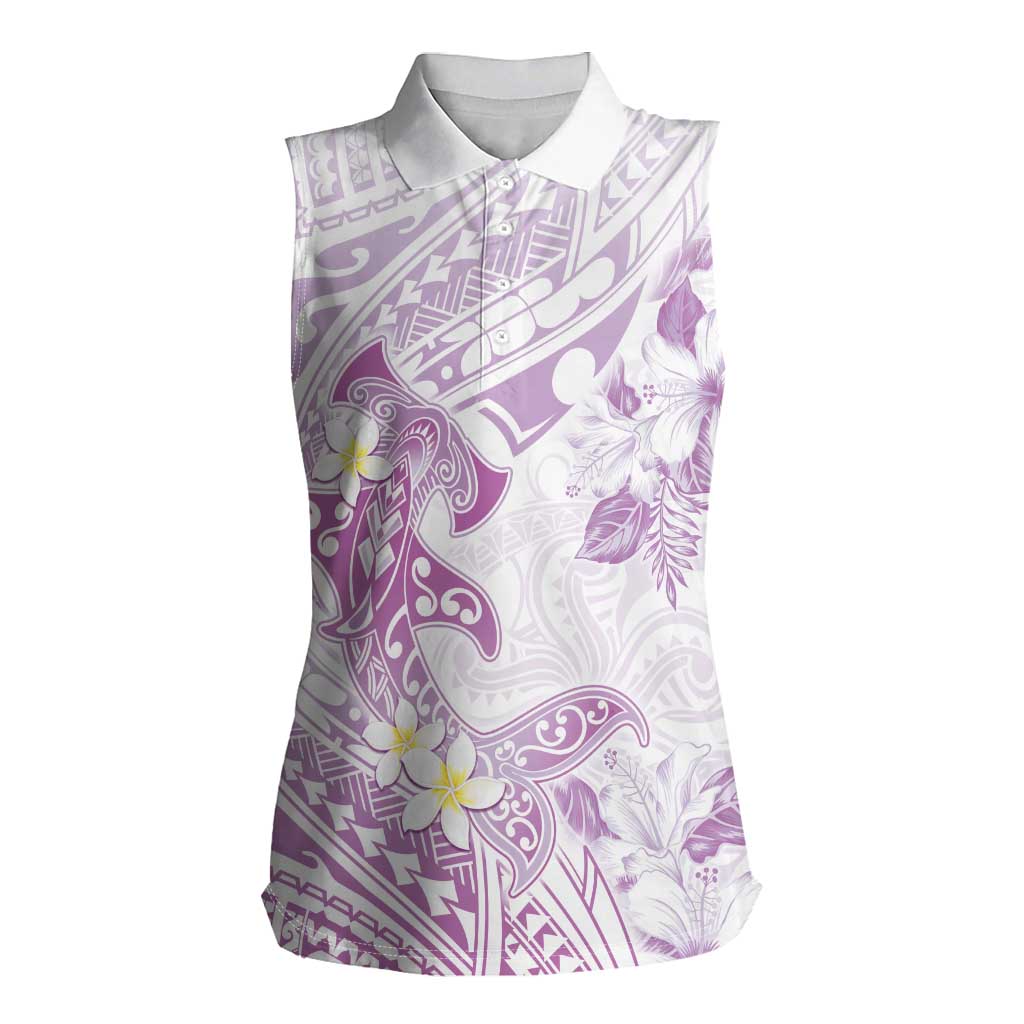 Polynesia Hammerhead Shark Women Sleeveless Polo Shirt Tropical Flowers Tribal Pattern Lavender