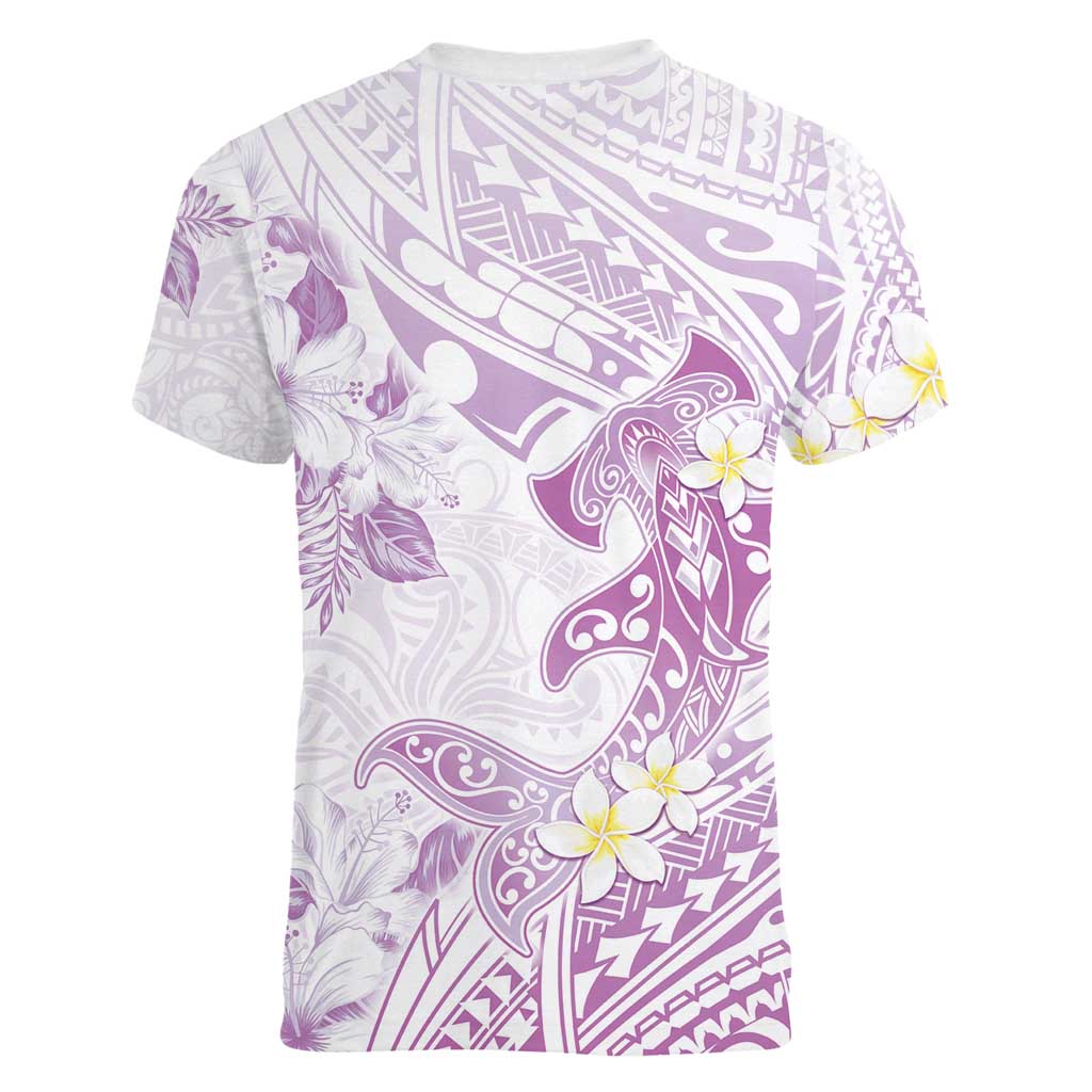 Polynesia Hammerhead Shark Women V-Neck T-Shirt Tropical Flowers Tribal Pattern Lavender
