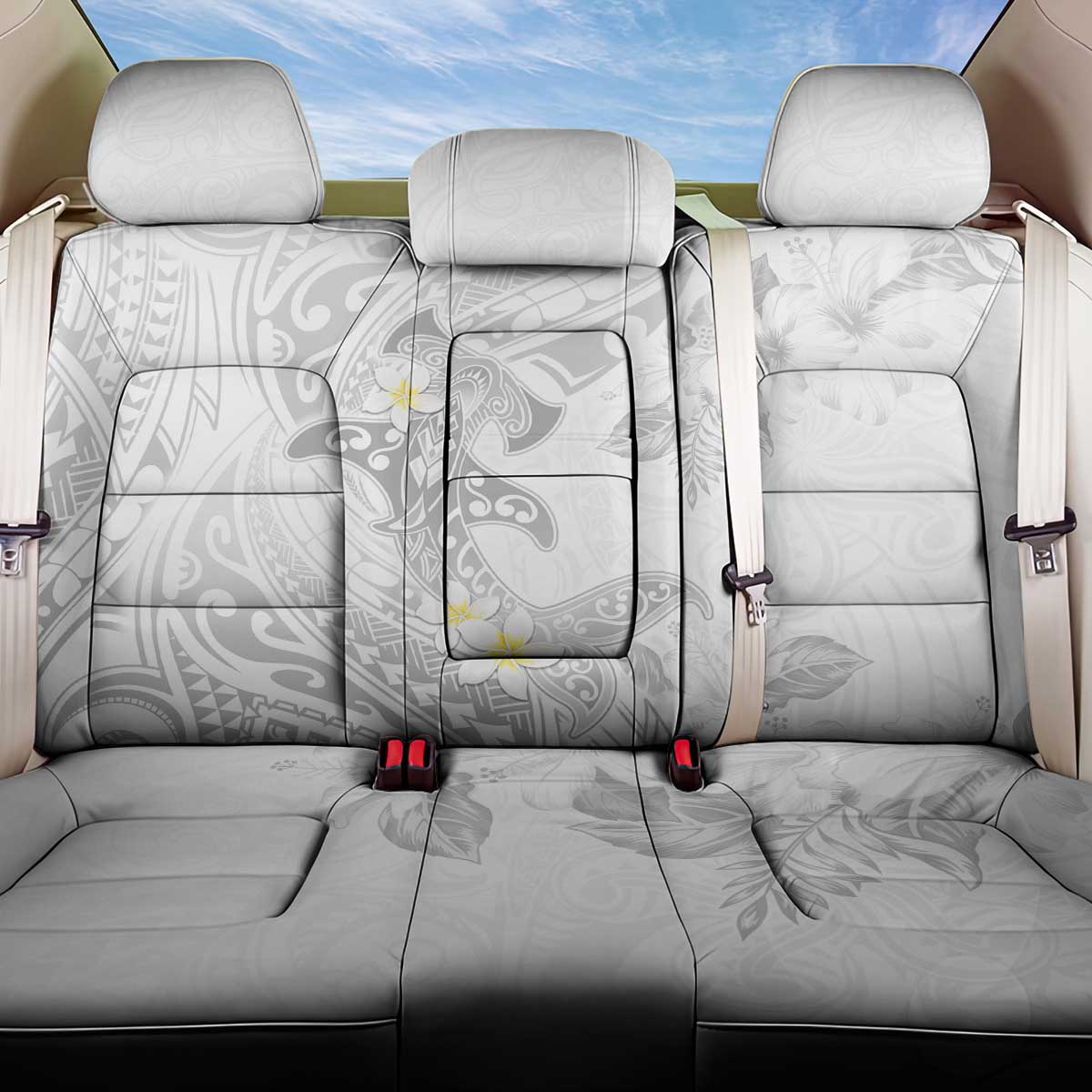 Polynesia Hammerhead Shark Back Car Seat Cover Tropical Flowers Tribal Pattern White