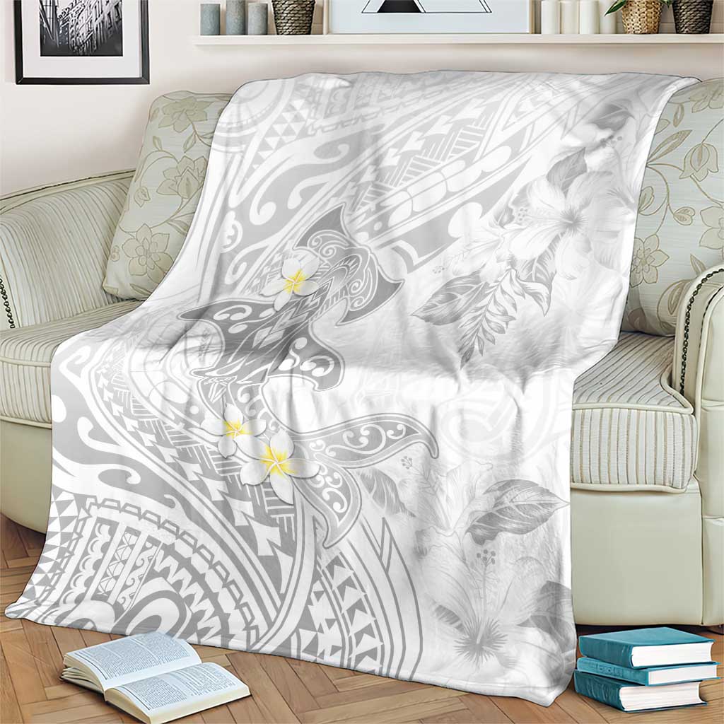 Polynesia Hammerhead Shark Blanket Tropical Flowers Tribal Pattern White LT05 - Polynesian Pride