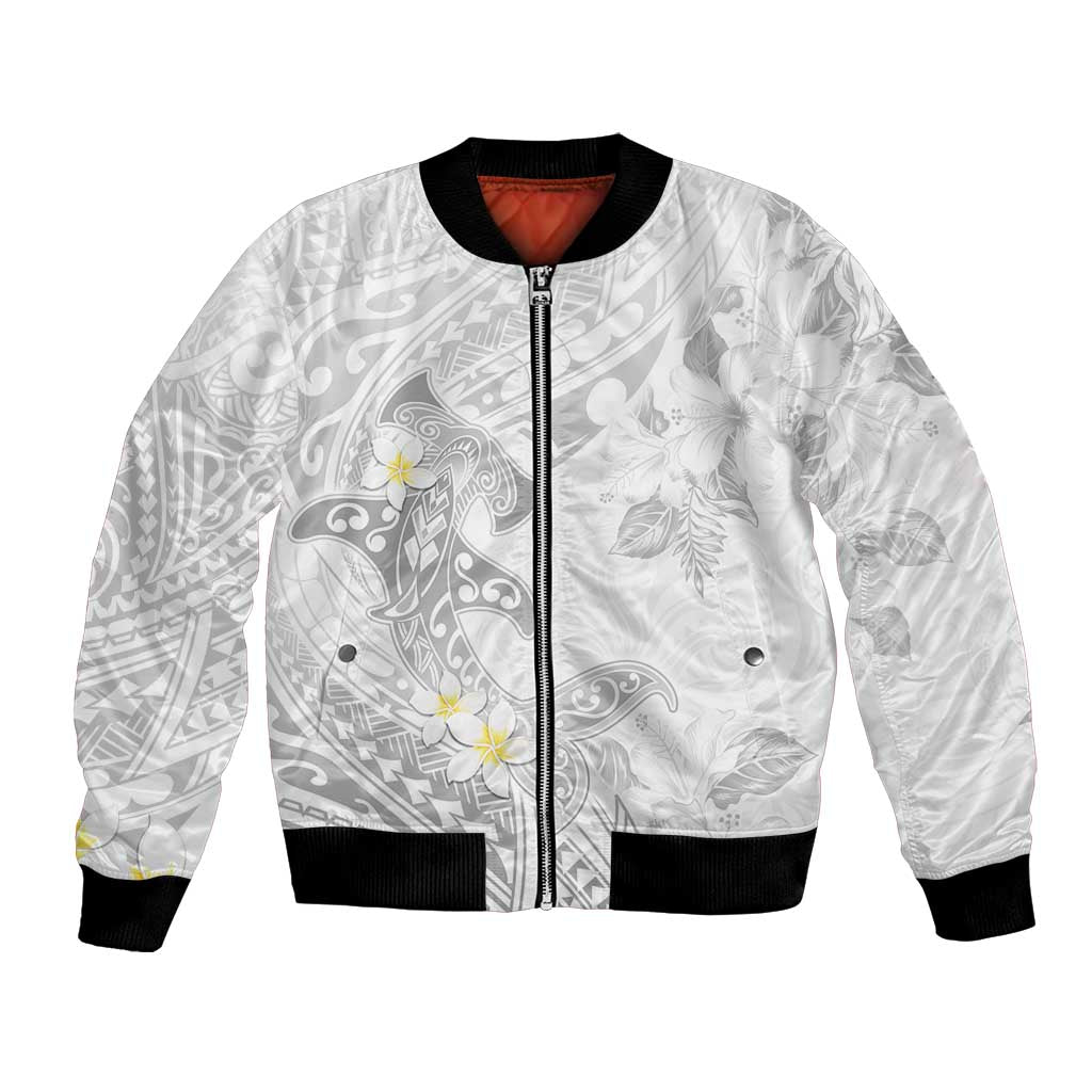 Polynesia Hammerhead Shark Bomber Jacket Tropical Flowers Tribal Pattern White