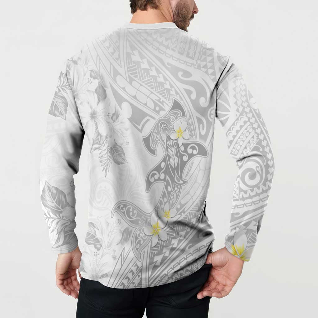 Polynesia Hammerhead Shark Button Sweatshirt Tropical Flowers Tribal Pattern White LT05 - Polynesian Pride