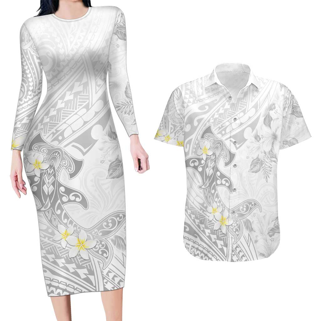 Polynesia Hammerhead Shark Couples Matching Long Sleeve Bodycon Dress and Hawaiian Shirt Tropical Flowers Tribal Pattern White