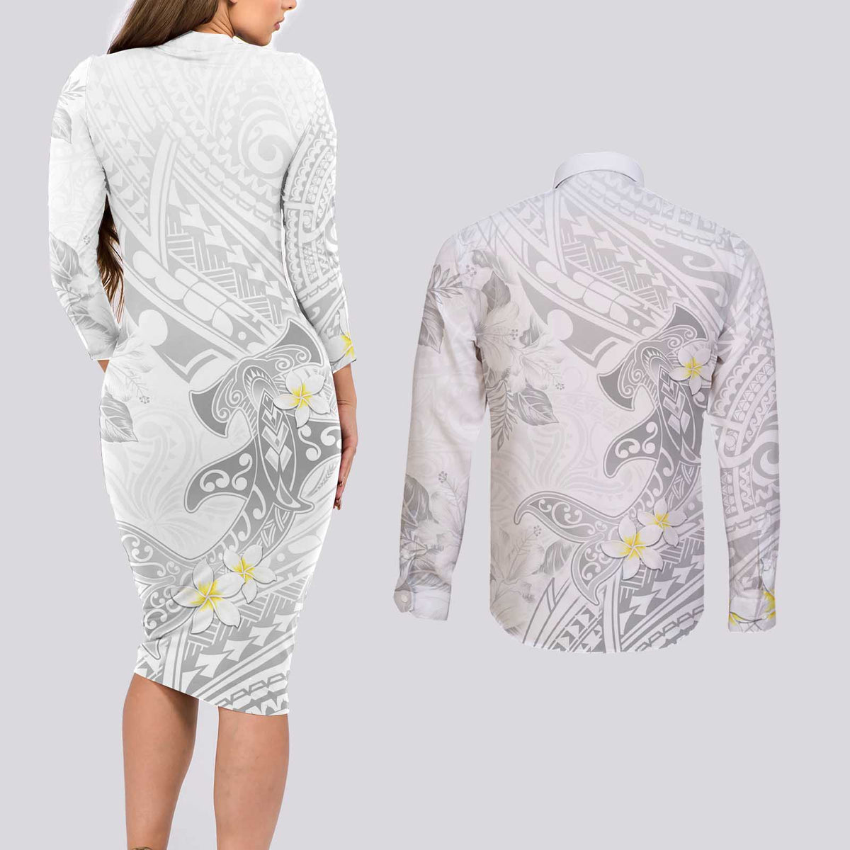 Polynesia Hammerhead Shark Couples Matching Long Sleeve Bodycon Dress and Long Sleeve Button Shirt Tropical Flowers Tribal Pattern White LT05 - Polynesian Pride
