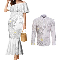 Polynesia Hammerhead Shark Couples Matching Mermaid Dress and Long Sleeve Button Shirt Tropical Flowers Tribal Pattern White LT05 White - Polynesian Pride