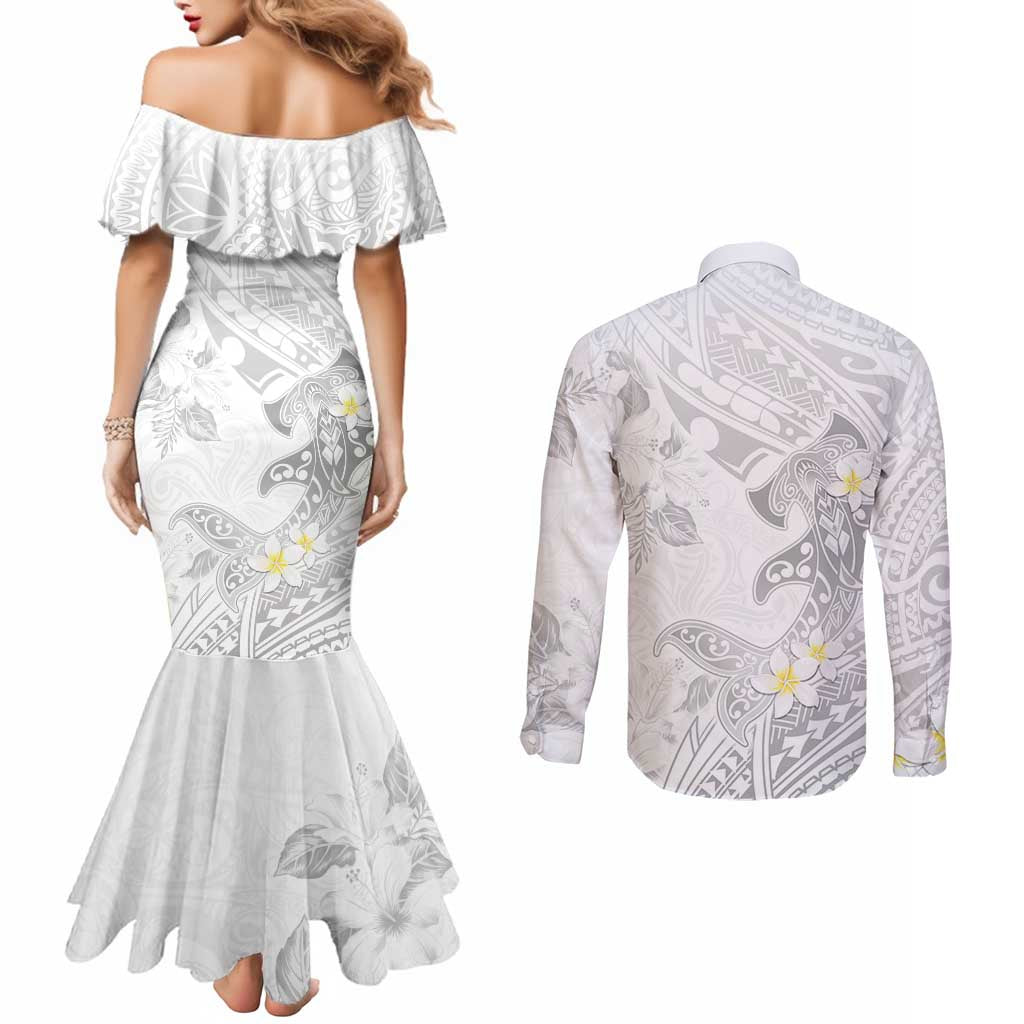Polynesia Hammerhead Shark Couples Matching Mermaid Dress and Long Sleeve Button Shirt Tropical Flowers Tribal Pattern White LT05 - Polynesian Pride