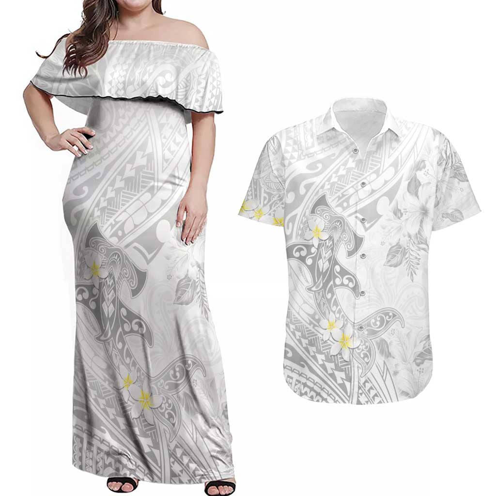 Polynesia Hammerhead Shark Couples Matching Off Shoulder Maxi Dress and Hawaiian Shirt Tropical Flowers Tribal Pattern White