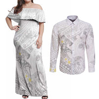 Polynesia Hammerhead Shark Couples Matching Off Shoulder Maxi Dress and Long Sleeve Button Shirt Tropical Flowers Tribal Pattern White LT05 White - Polynesian Pride