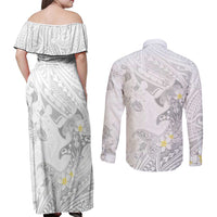 Polynesia Hammerhead Shark Couples Matching Off Shoulder Maxi Dress and Long Sleeve Button Shirt Tropical Flowers Tribal Pattern White LT05 - Polynesian Pride