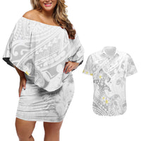 Polynesia Hammerhead Shark Couples Matching Off Shoulder Short Dress and Hawaiian Shirt Tropical Flowers Tribal Pattern White LT05 White - Polynesian Pride