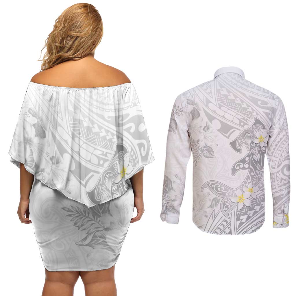 Polynesia Hammerhead Shark Couples Matching Off Shoulder Short Dress and Long Sleeve Button Shirt Tropical Flowers Tribal Pattern White LT05 - Polynesian Pride