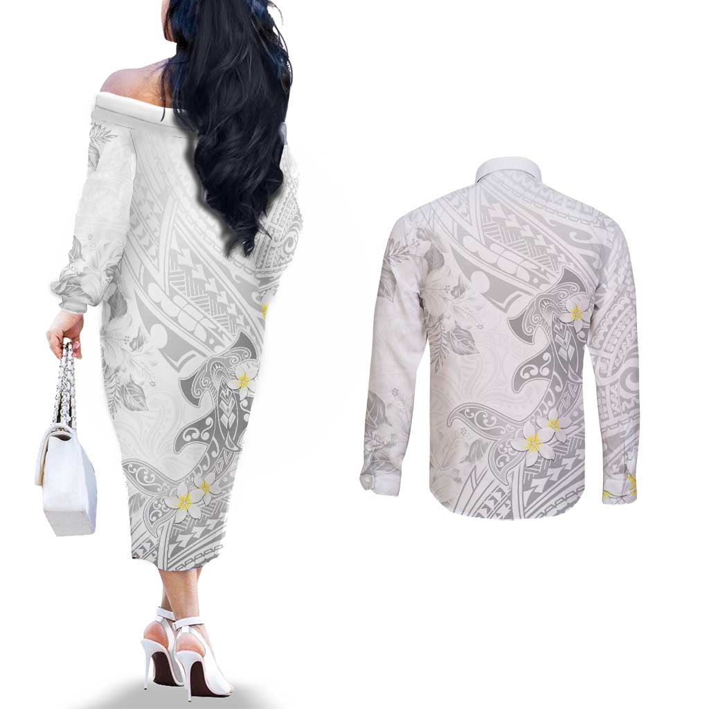 Polynesia Hammerhead Shark Couples Matching Off The Shoulder Long Sleeve Dress and Long Sleeve Button Shirt Tropical Flowers Tribal Pattern White LT05 - Polynesian Pride
