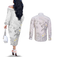 Polynesia Hammerhead Shark Couples Matching Off The Shoulder Long Sleeve Dress and Long Sleeve Button Shirt Tropical Flowers Tribal Pattern White LT05 - Polynesian Pride