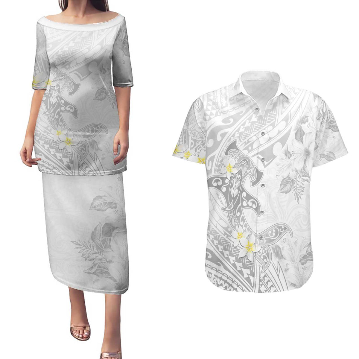 Polynesia Hammerhead Shark Couples Matching Puletasi and Hawaiian Shirt Tropical Flowers Tribal Pattern White LT05 White - Polynesian Pride