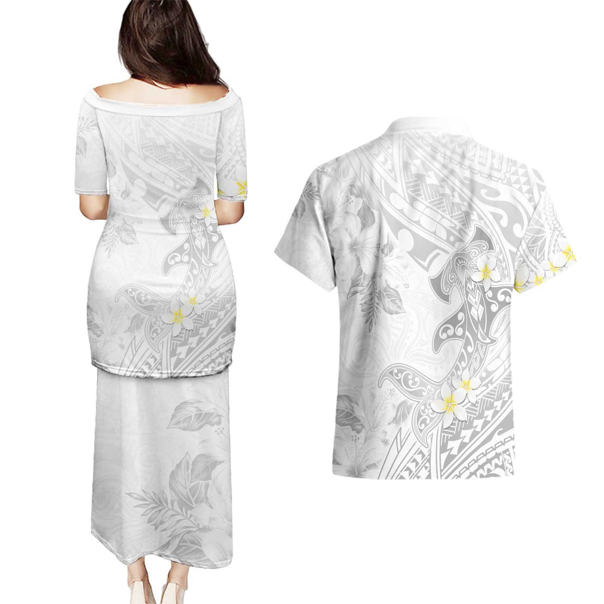 Polynesia Hammerhead Shark Couples Matching Puletasi and Hawaiian Shirt Tropical Flowers Tribal Pattern White LT05 - Polynesian Pride