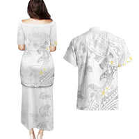 Polynesia Hammerhead Shark Couples Matching Puletasi and Hawaiian Shirt Tropical Flowers Tribal Pattern White LT05 - Polynesian Pride