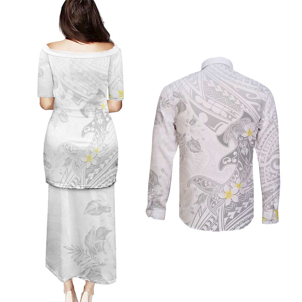 Polynesia Hammerhead Shark Couples Matching Puletasi and Long Sleeve Button Shirt Tropical Flowers Tribal Pattern White LT05 - Polynesian Pride