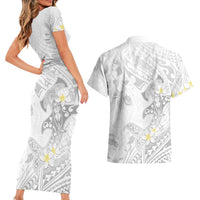 Polynesia Hammerhead Shark Couples Matching Short Sleeve Bodycon Dress and Hawaiian Shirt Tropical Flowers Tribal Pattern White LT05 - Polynesian Pride