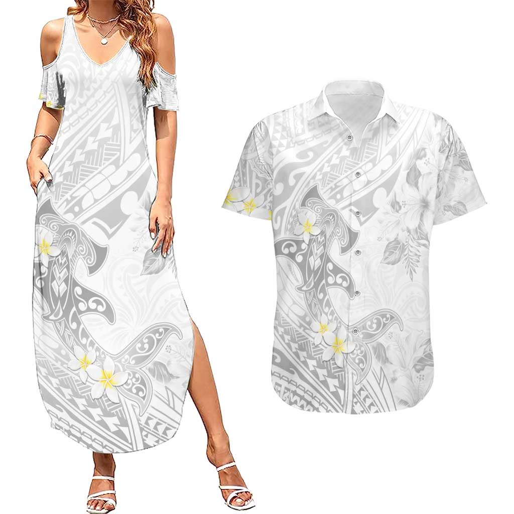 Polynesia Hammerhead Shark Couples Matching Summer Maxi Dress and Hawaiian Shirt Tropical Flowers Tribal Pattern White LT05 White - Polynesian Pride
